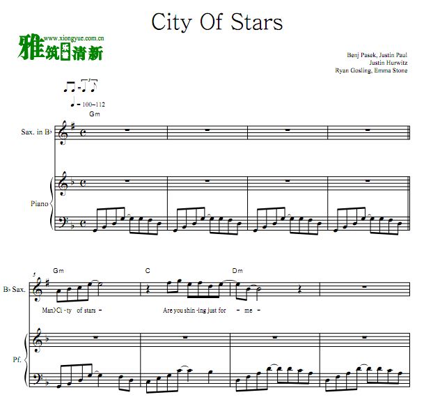爱乐之城 city of stars 降b萨克斯钢琴合奏谱