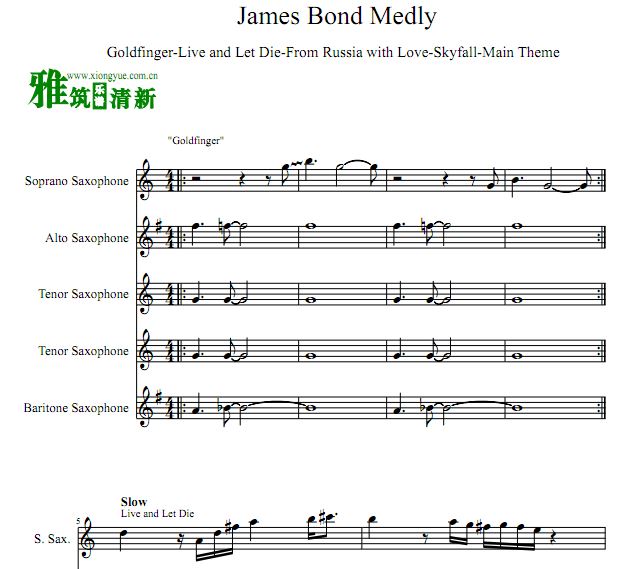 P17656 James Bond Medly串烧萨克斯五重奏谱