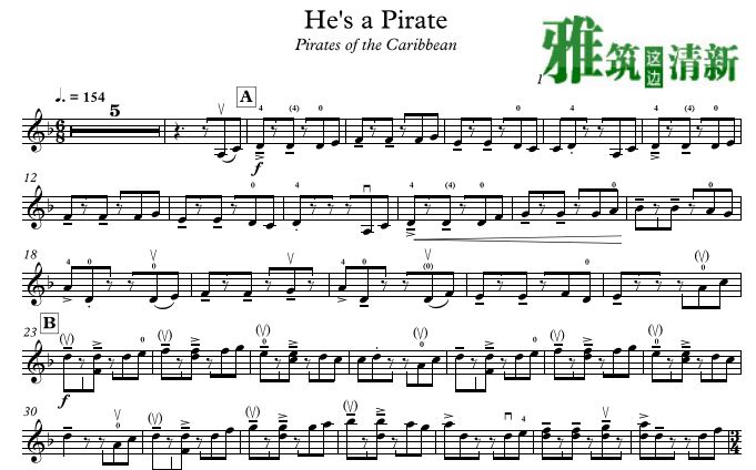 凯尔 兰德尔 加勒比海盗He's a Pirate原版小提琴谱