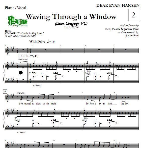 DEAR EVAN HANSEN Waving Through A Window钢琴伴奏谱