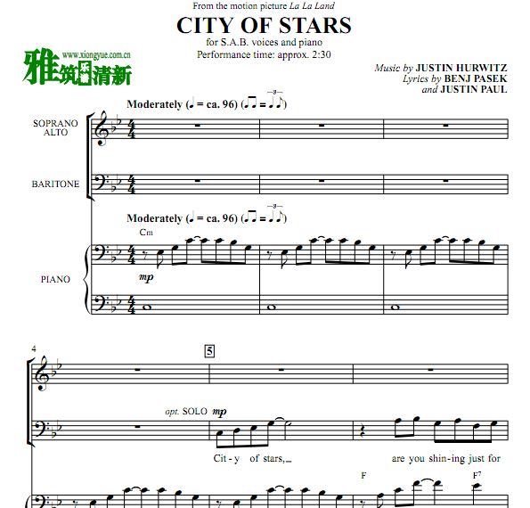 city of stars 三声部合唱谱钢琴伴奏谱 sab