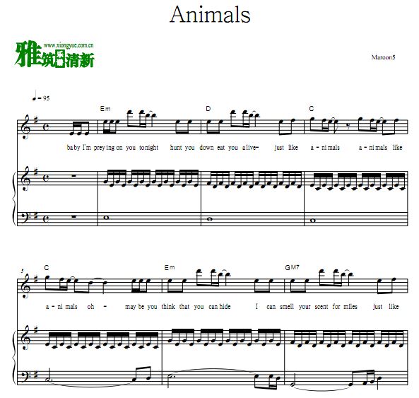 maroon 5 魔力红 animals钢琴伴奏谱 歌谱