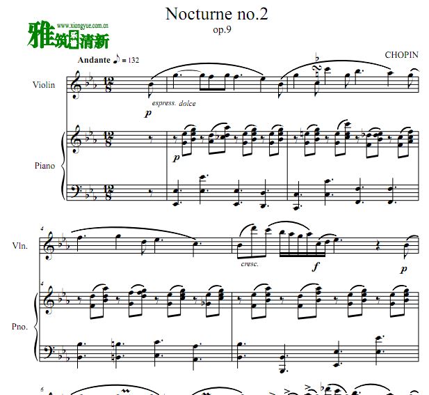 nocturne夜曲小提琴谱_夜曲 Noffurno 作品27之2(2)