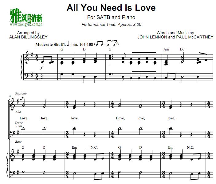 All You Need Is Love 四声部合唱钢琴伴奏谱